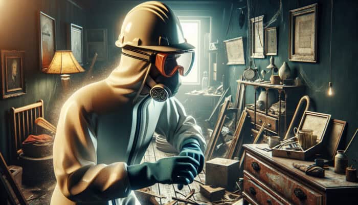 Person in safety gear navigating cluttered, dimly lit house during clearance.