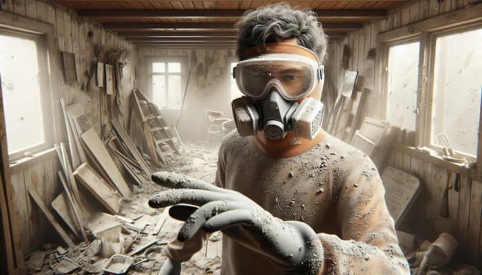 Person wearing safety goggles clearing an old house, protected from dust, debris, and chemical splashes.