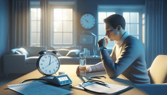 Person fasting for diabetes test, with water and medical documents, in early morning in Weybridge.