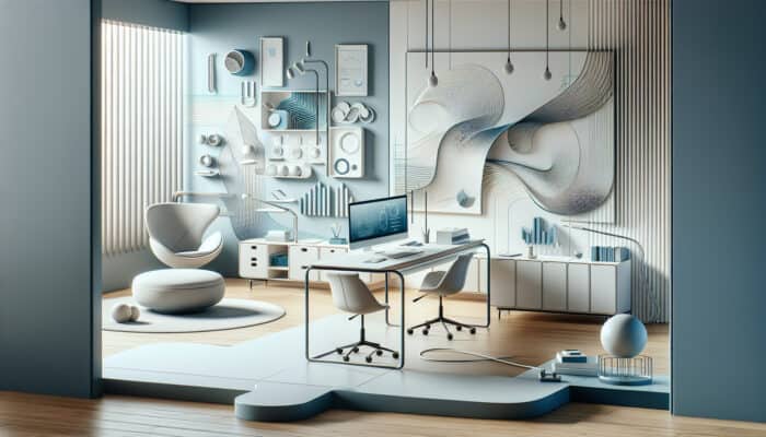 A minimalist digital workspace with organized icons and flowing lines on a blue and white background.