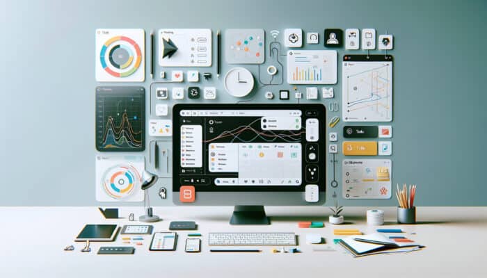 A minimalist digital workspace featuring Todoist, Trello, and Evernote on a modern computer.