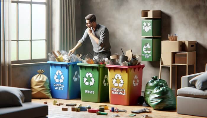 Person sorting waste into labeled bins for general, recyclable, and hazardous items in a UK flat.