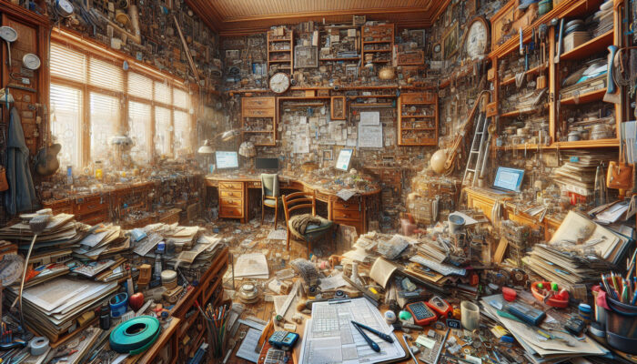 Detailed walkthrough of a cluttered house, assessing furniture and items, planning a clearance strategy with tools.