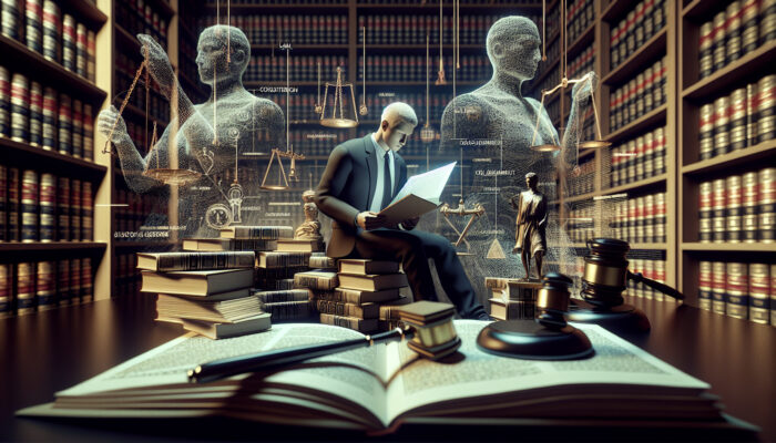 Person in a library reading "Legal Considerations for Clearance" document, surrounded by law books, a gavel, and scales of justice.