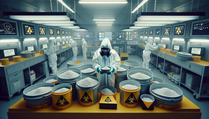Person in protective gear handling asbestos, surrounded by labelled hazardous waste containers in a controlled environment.