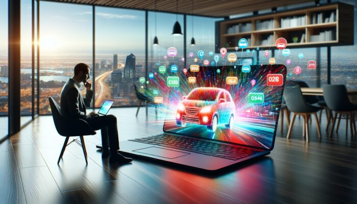 Person comparing budget car rental options on a laptop, with city view.