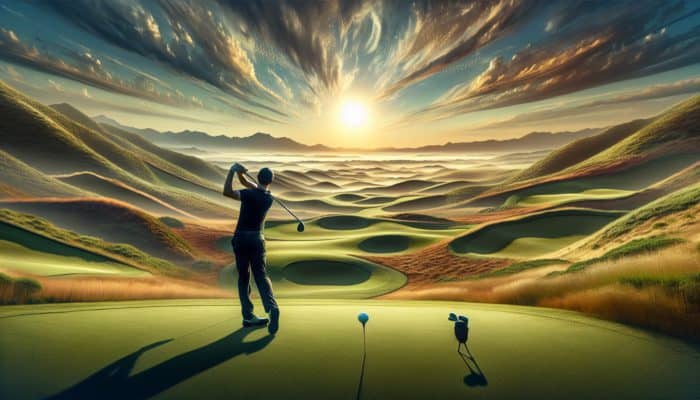Golfer at Fancourt, South Africa, demonstrating a wide stance on undulating fairways to achieve stability and control.
