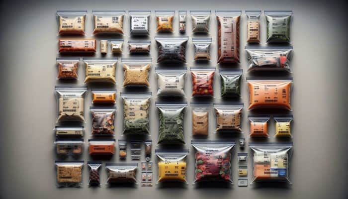 Resealable bags, airtight containers, and vacuum-sealed food packets organized in a bug-out bag for emergency survival.
