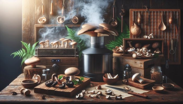 Slicing shiitake, portobello, and oyster mushrooms in a rustic kitchen setting for smoking.