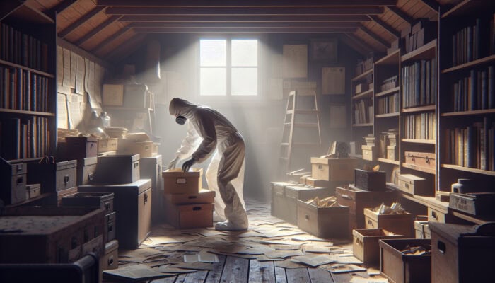 Individual in protective gear sorting through boxes and antiques in a dusty attic, sunlight filtering through window.