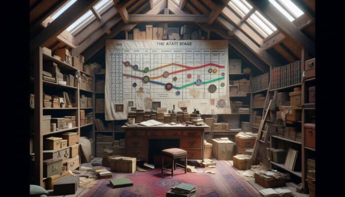 Timeline chart on desk with attic items and UK regulatory documents, outlining clearance milestones.