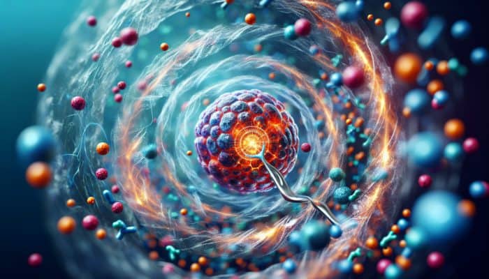 Illustration depicting collagen fibres aiding joint tissue regeneration in an athlete's knee, surrounded by amino acids.