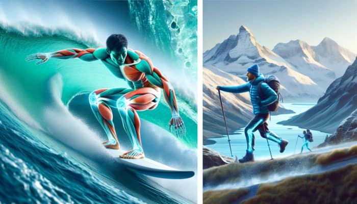 Athlete surfing in Hawaii and hiking the Alps, with blue-highlighted tendons and ligaments, symbolising Type I collagen support for joint health.
