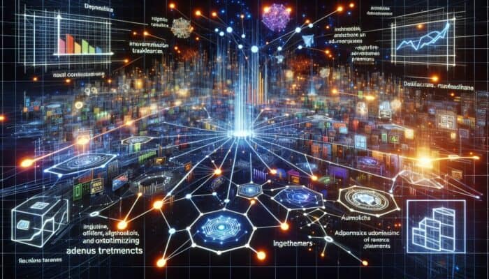 Utilising Programmatic Advertising for Enhanced Hosting Efficiency: A futuristic digital marketplace with nodes for real-time ad transactions and graphs showing revenue growth.