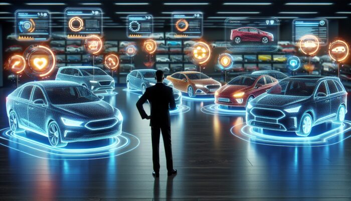 A person choosing a car from a rental fleet, guided by holographic user reviews in a modern agency.