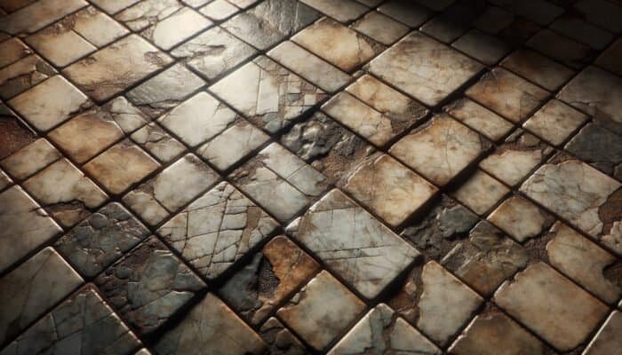 Worn quarry tiles with dullness, discoloration, cracks, and stains from steam cleaning on an old kitchen floor.