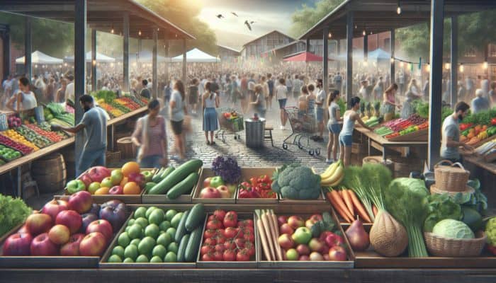 A vibrant farmers' market with fresh produce and a community BBQ minimizing food waste.