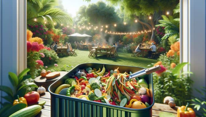 A vibrant backyard BBQ with a compost bin full of colorful vegetable and fruit scraps, surrounded by lush greenery.