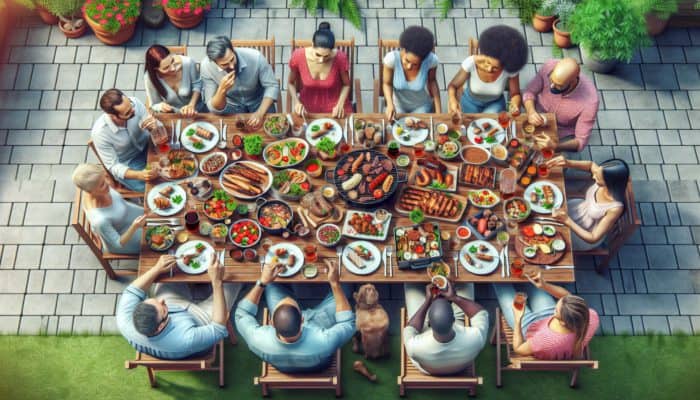 A vibrant BBQ setup with diverse dishes on a wooden table, guests enjoying with minimal leftovers.