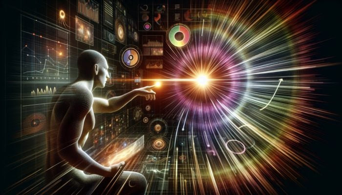Individual captivated by a vivid narrative displayed on a screen, with rising engagement metrics and search rankings.