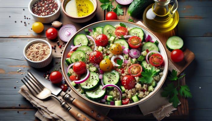 Mediterranean quinoa salad with tomatoes, cucumber, onion, parsley, lemon dressing on a rustic wooden table.