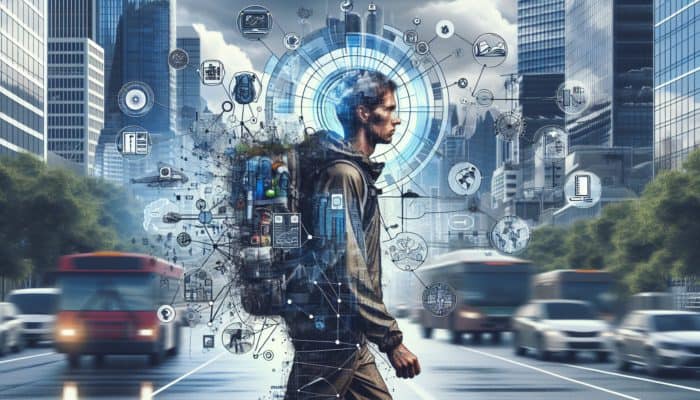 A resilient city dweller navigating a bustling urban landscape with adaptability and resourcefulness.