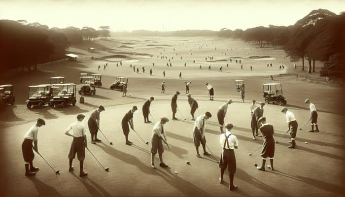 A vintage 1905 scene of Germiston Golf Club, South Africa, with a nine-hole course and novice golfers.