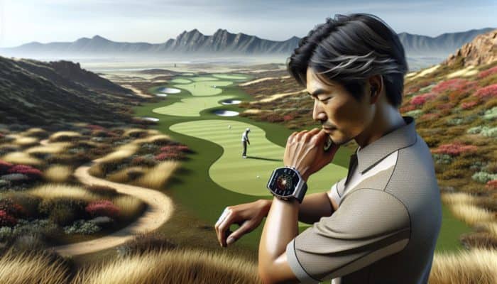 Golfer using GPS watch on South African course, displaying distances to greens and hazards.