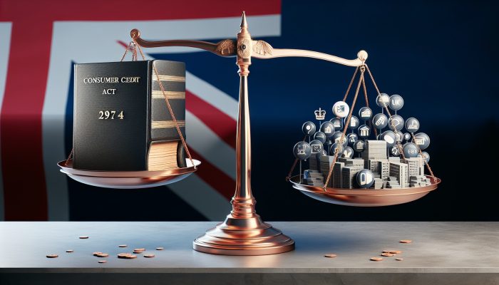 Debt Consolidation Loan Regulations in 2025: A Comprehensive Guide | DCL UK flag on a balanced scale with the 1974 Act and new regulations for consumer protection in debt consolidation.
