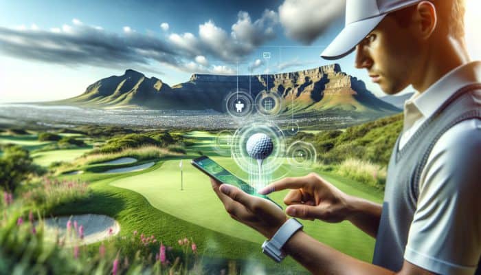 A South African golfer using a golf app on the course with Table Mountain, enhancing their gameplay through customized practice routines.