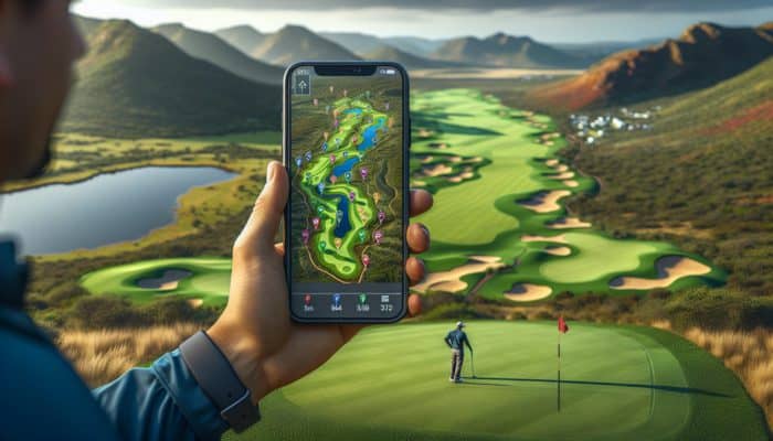 Golfer using a smartphone app featuring a detailed map of a South African golf course, showcasing diverse terrains and enabling strategic planning.