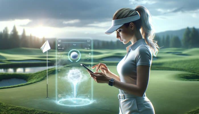 A golfer engaging with a smartphone app on the course for structured practice, tracking progress, and receiving real-time feedback.