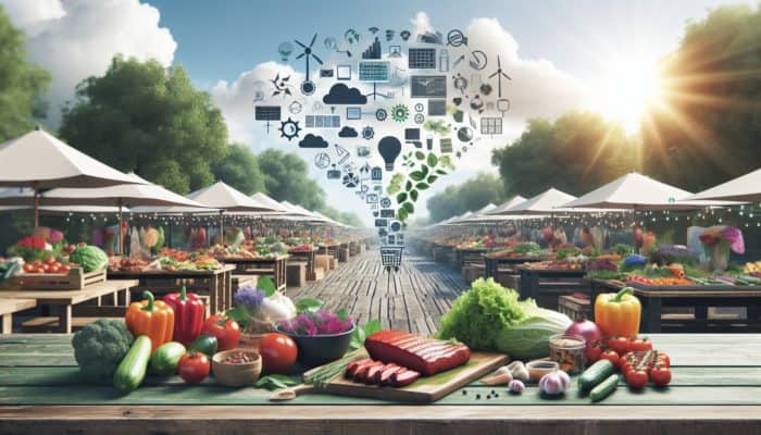 Using Locally Sourced BBQ Ingredients: A vibrant farmers' market showcasing local BBQ ingredients, promoting sustainability and reduced carbon footprints.