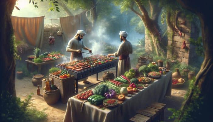 A vibrant BBQ feast with locally sourced ingredients, grilled by expert chefs in a rustic, smoke-filled outdoor setting.