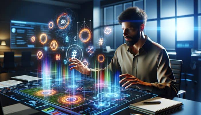 A digital marketing expert analysing trending hashtags on a futuristic screen with SEO graphs and colourful data visualisations in a modern office.