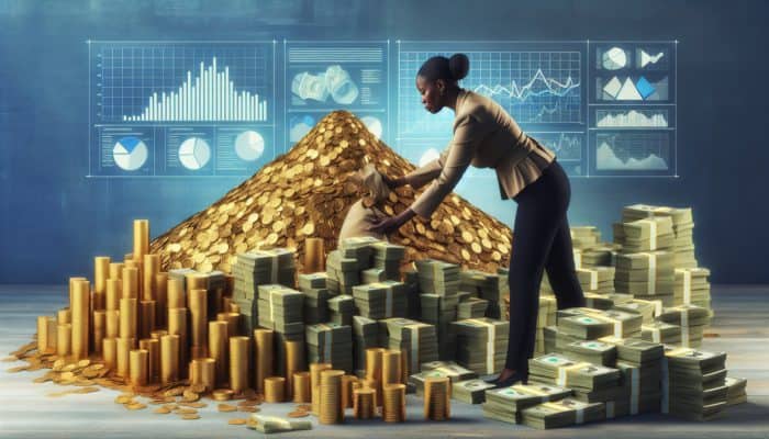 Person organizing coins and bills into 'avalanche' and 'snowball' piles, symbolising debt reduction strategies.