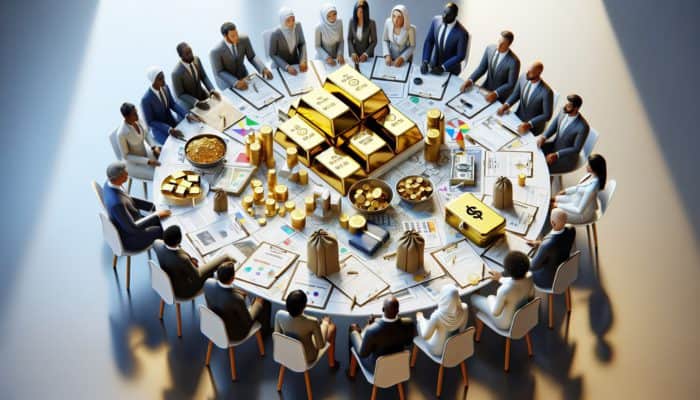 A table with gold bars, real estate deeds, and emergency funds, surrounded by a community sharing resources.