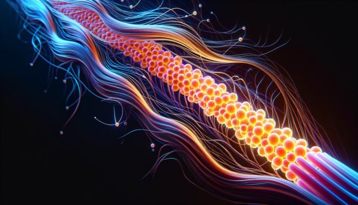 A vibrant close-up of a hair strand with glowing keratin proteins, showcasing strength and resilience.