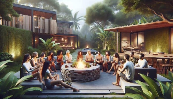 Fire Pit Construction: A rustic stone fire pit in a garden and a sleek contemporary one on a patio, surrounded by friends.