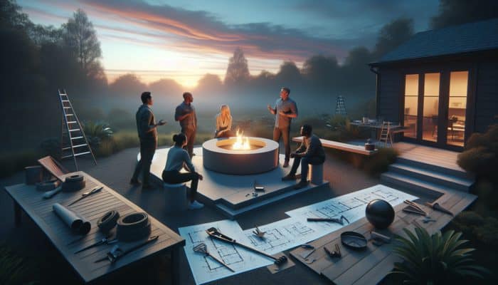 A group discussing a modern fire pit's placement and design in a backyard at dusk, with tools and plans around.