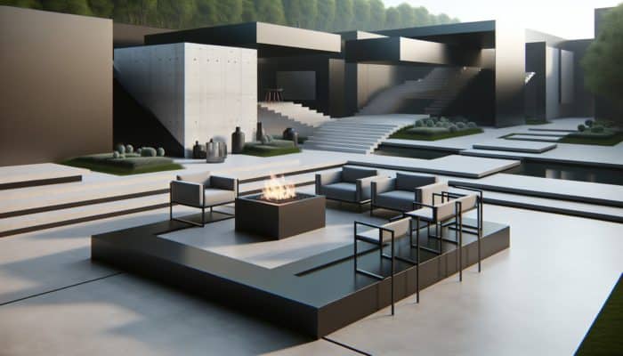 A modern rectangular fire pit in a sleek outdoor space with minimalist landscaping and contemporary furniture.