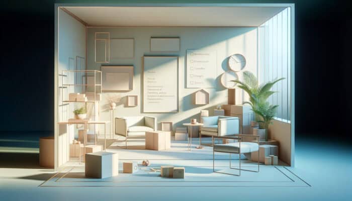 A serene room with minimalistic furniture being cleared, symbolising emotional release, with soft lighting and calming colours.