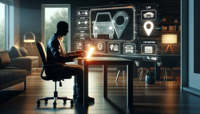 Individual using a laptop to search for car rentals online within a modern home office.