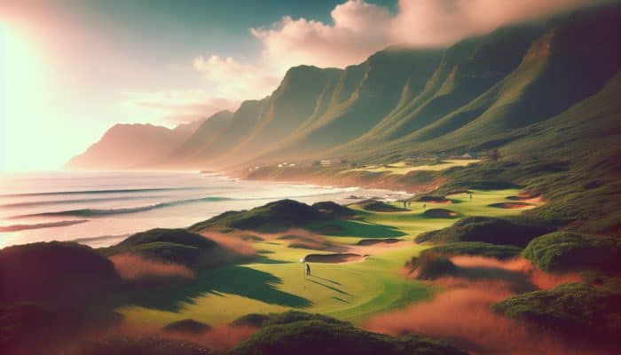 A serene South African golf resort on the Garden Route featuring lush, forgiving fairways and breathtaking coastal cliffs.