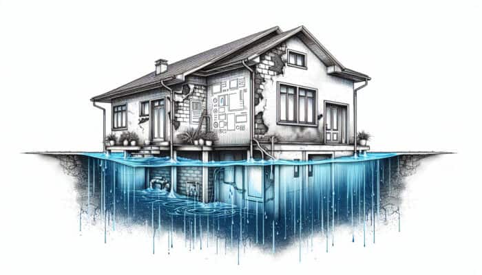 Illustration of a home showing water damage signs like damp walls, flooded basement, and pooling water around foundation, indicating need for drainage services.