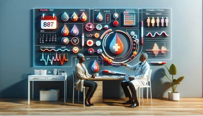 Patient discussing blood test results with doctor, reviewing chart and planning follow-up care.