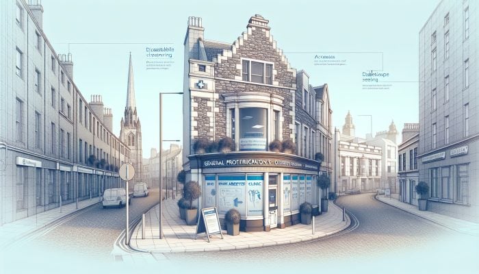 A serene Aberdeen street showcasing a modern GP surgery and private clinic with diabetes testing signs under a clear sky.