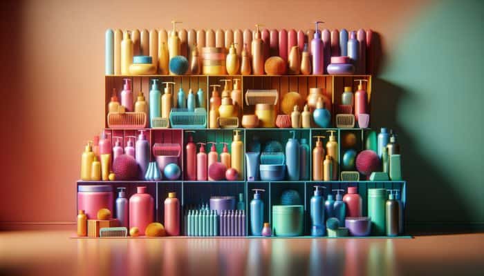Diverse affordable hair care products on a colourful shelf, with visible price tags and ingredient lists.