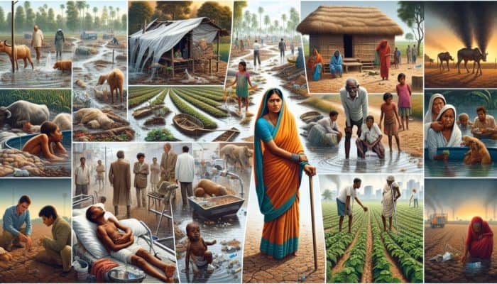 A rural community struggles with contaminated water, wilted crops, and economic hardship, highlighting social inequalities.