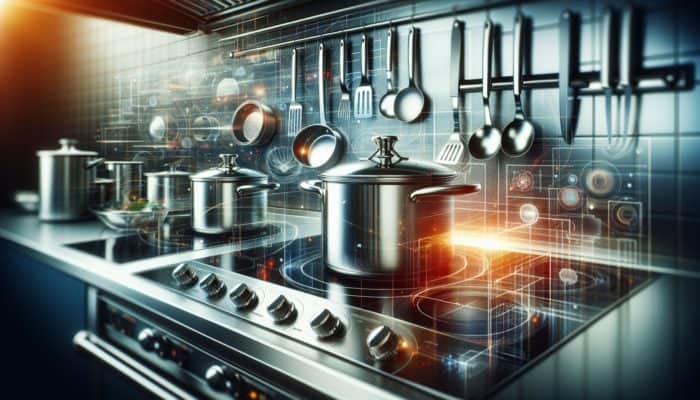 Sleek kitchen with durable stainless steel pots, pans, utensils, resistant to rust and corrosion.